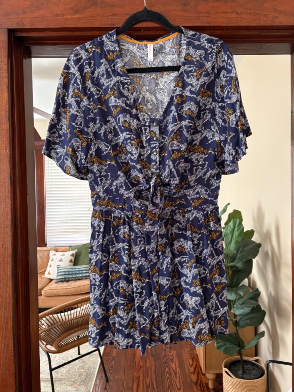 Navy Cat Print Tie-Waist Cutout Romper